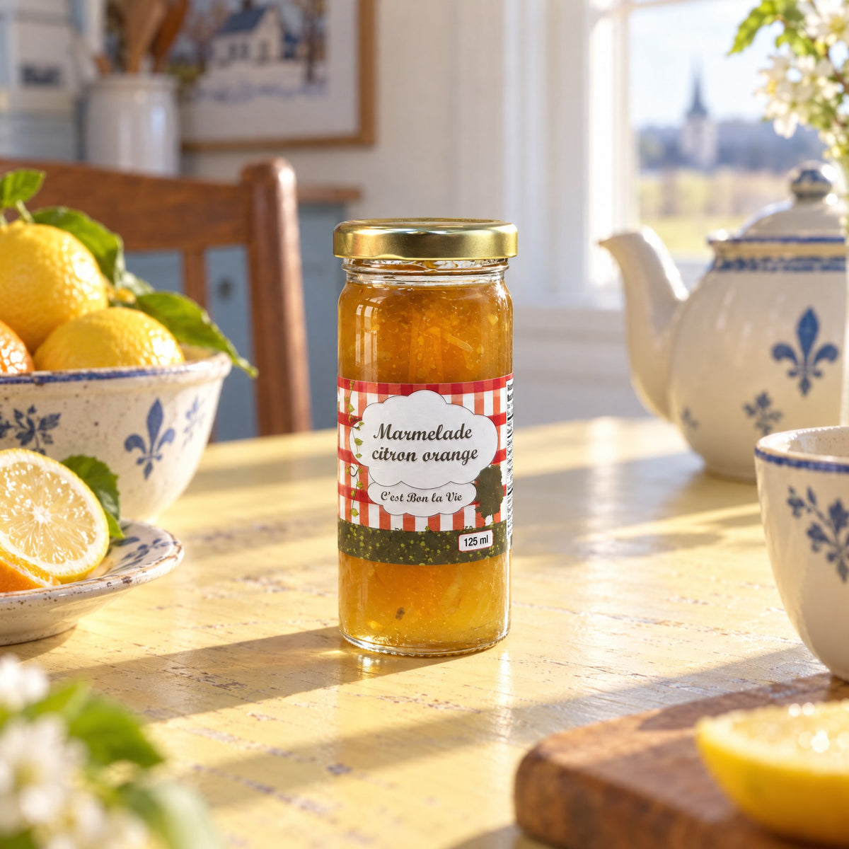 Pot de marmelade citrons et oranges sur une table ensoleillée, près de citrons frais et d'une théière