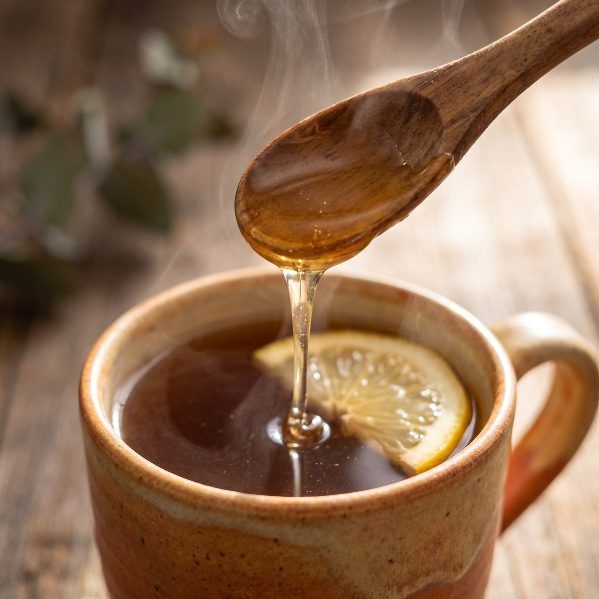 Cuillère en bois versant du miel aromatisé à l'eucalyptus dans une tasse de thé fumant avec une tranche de citron