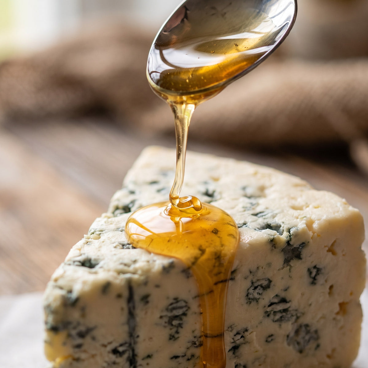 Cuillère versant un filet de miel aromatisé au sapin doré sur un morceau de fromage bleu posé sur une table en bois