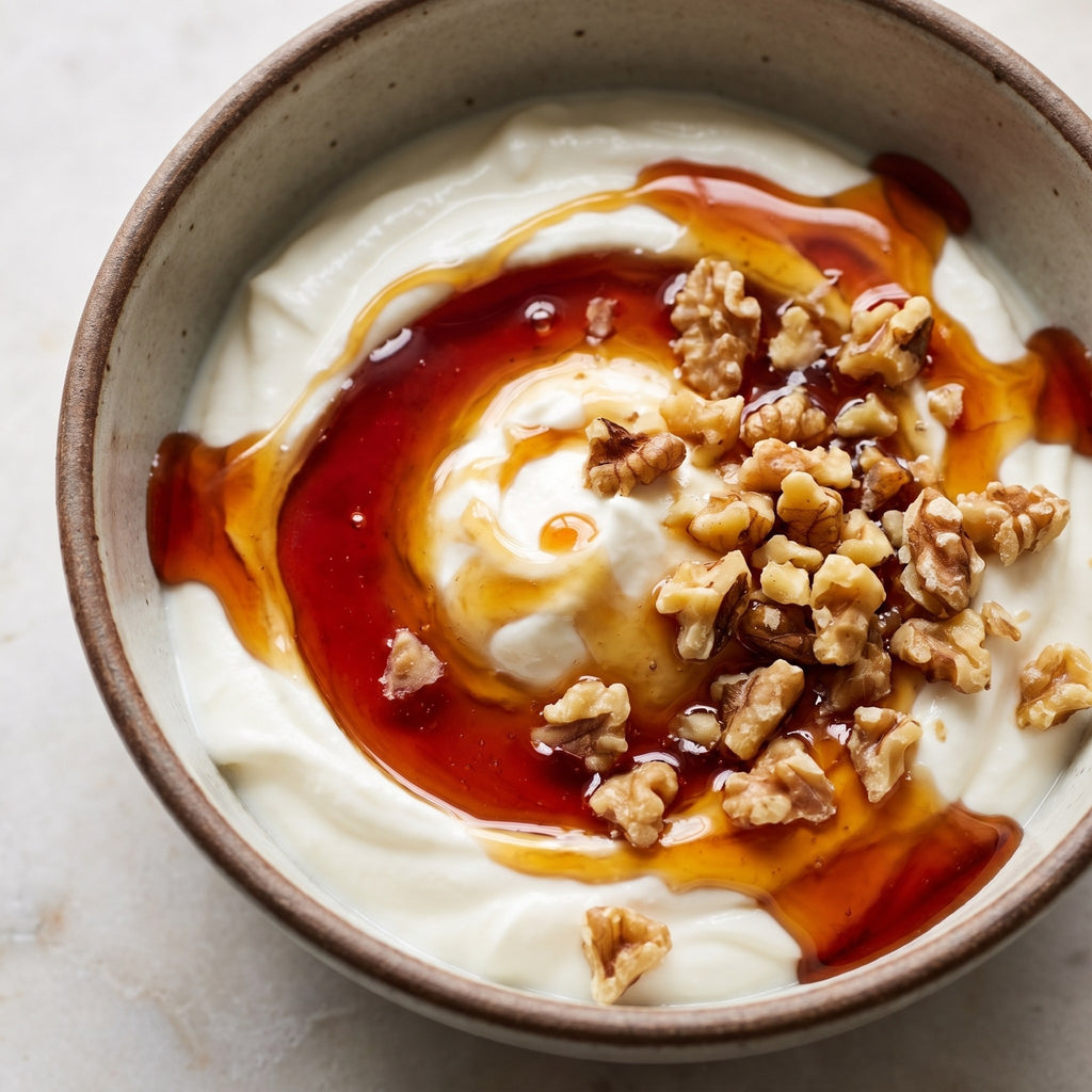 Yogourt crémeux nappé de notre miel de fleurs sauvages doré et parsemé de morceaux de noix de Grenoble