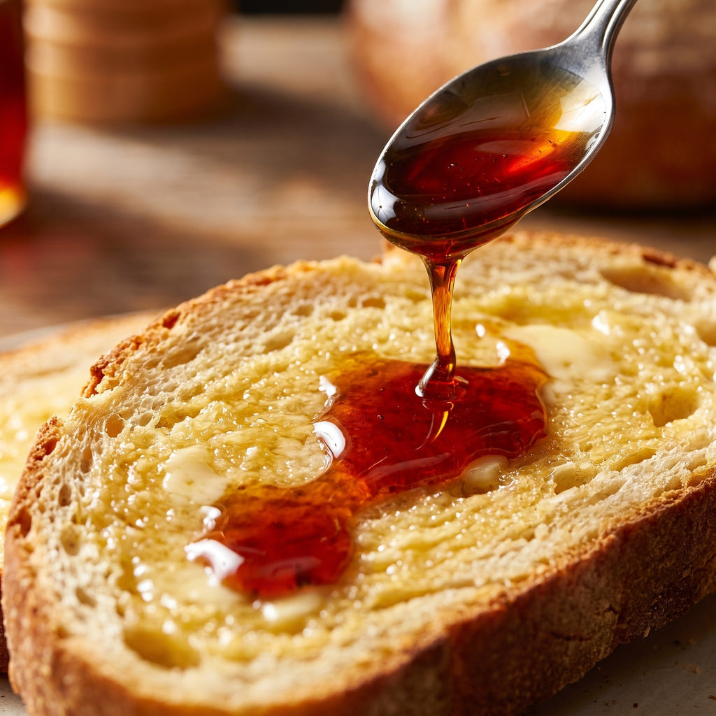 Miel de fleurs sauvages ambré coulant d'une cuillère sur une tranche de pain de campagne chaud et beurré