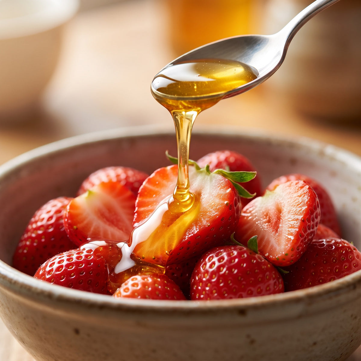 Filet de miel du printemps coulant d'une cuillère sur des fraises fraîches coupées dans un bol