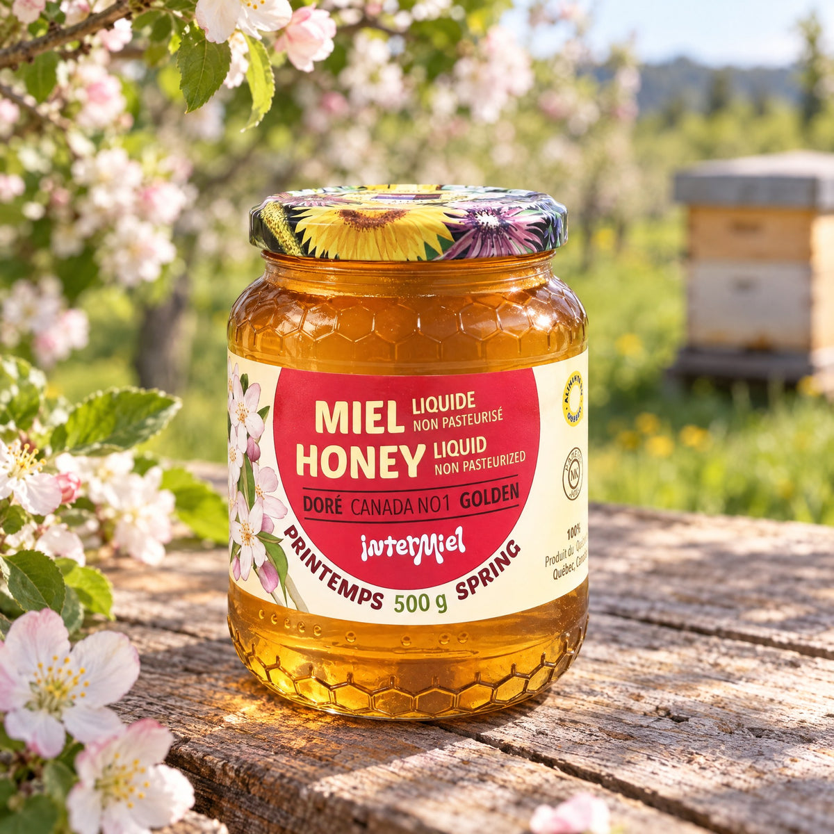 Pot de miel du printemps Intermiel posé sur du bois rustique dans un verger en fleurs avec une ruche au loin