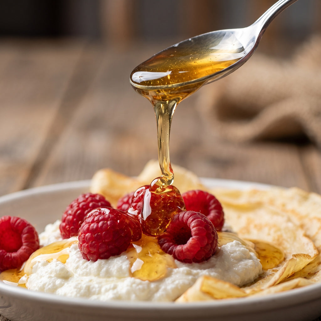 Filet de miel framboisier coulant d'une cuillère sur des crêpes garnies de fromage blanc et de framboises
