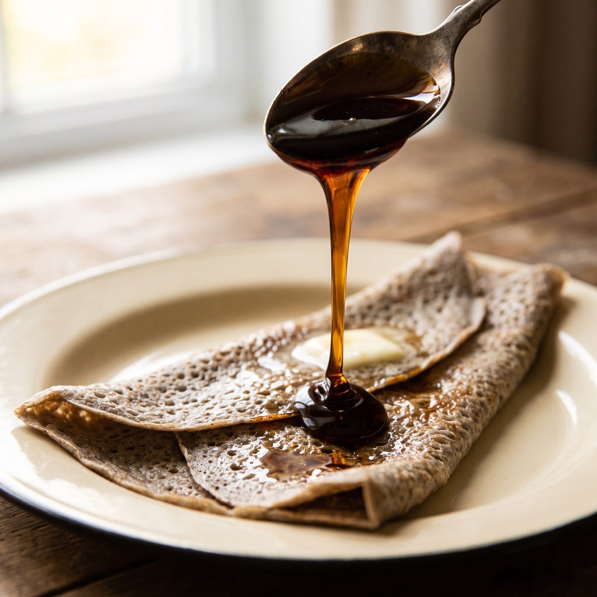 Coulée de miel de sarrasin ambré versé à la cuillère sur une crêpe chaude beurrée, servie dans une assiette rustique