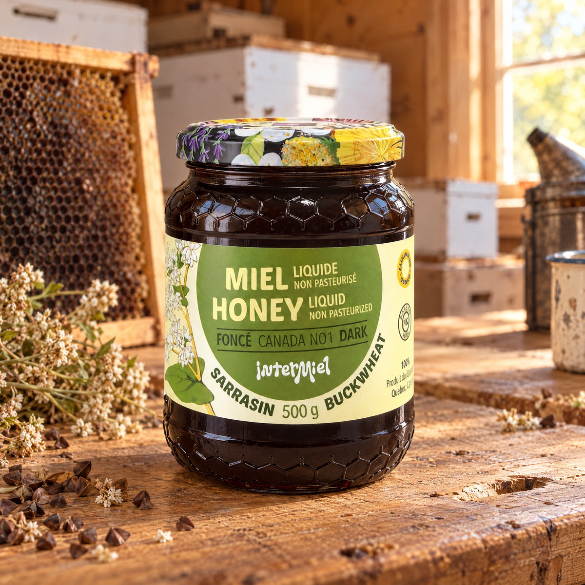 Pot de miel de sarrasin Intermiel sur un établi en bois rustique d'une miellerie ensoleillée