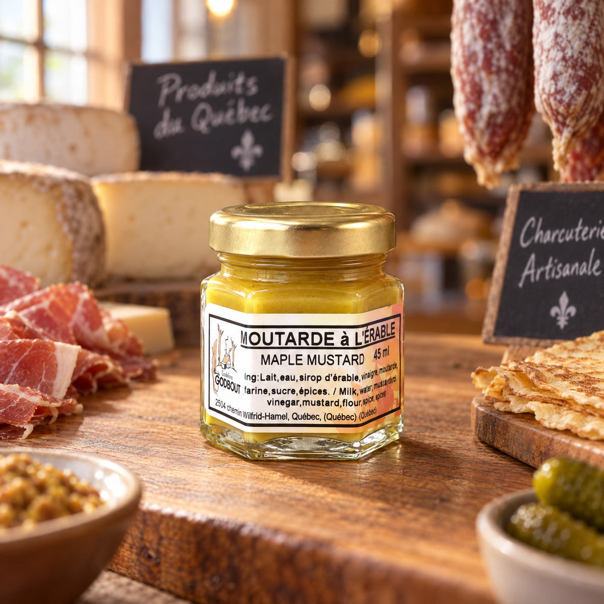 Pot de moutarde à l'érable sur une planche de bois entouré de charcuteries, de fromages et de craquelins