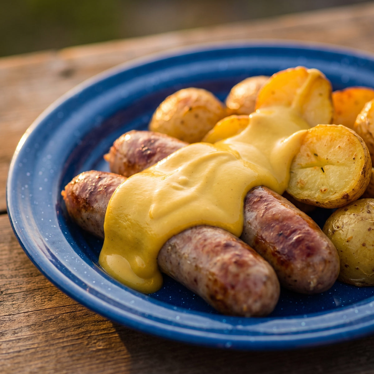 Saucisses grillées et pommes de terre rôties nappées de moutarde à l'érable dans une assiette bleue sur une table en bois