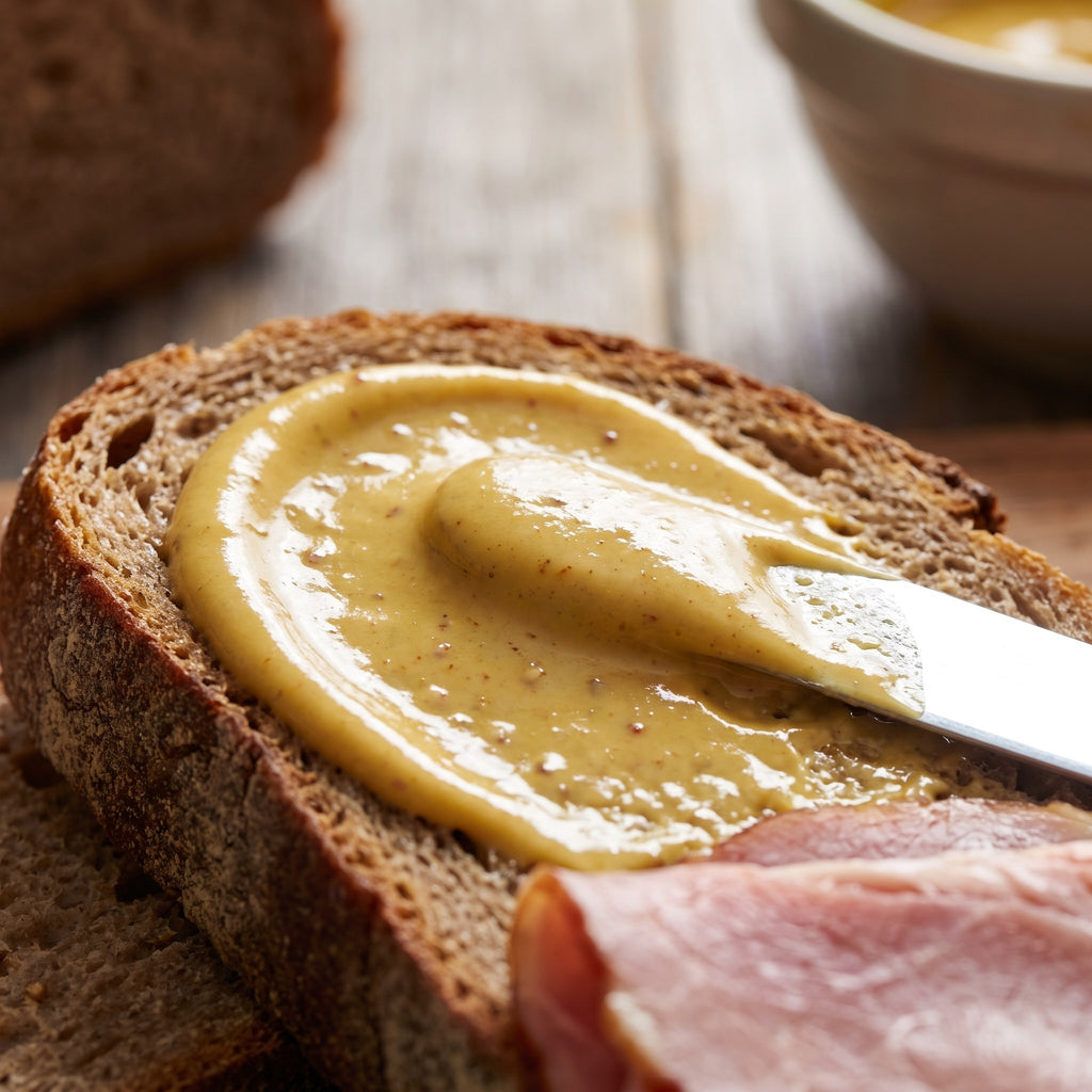 Onctueuse moutarde à l'érable étalée au couteau sur une tranche de pain de campagne avec du jambon