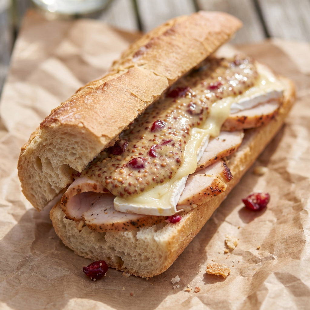 Sandwich baguette au poulet, brie fondant et moutarde à la canneberge présenté sur un papier brun