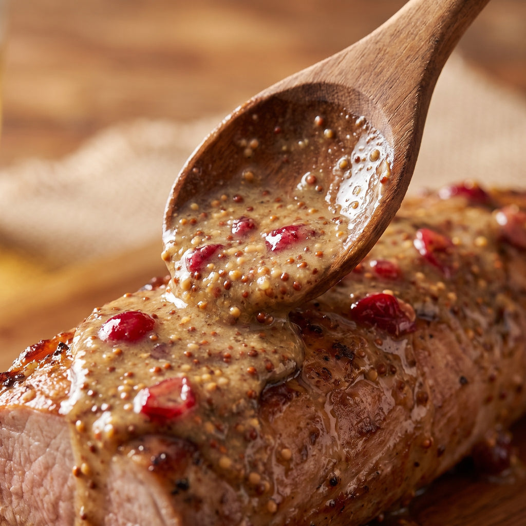 Nappe de moutarde à la canneberge aux grains entiers versée à la cuillère de bois sur un filet de porc rôti