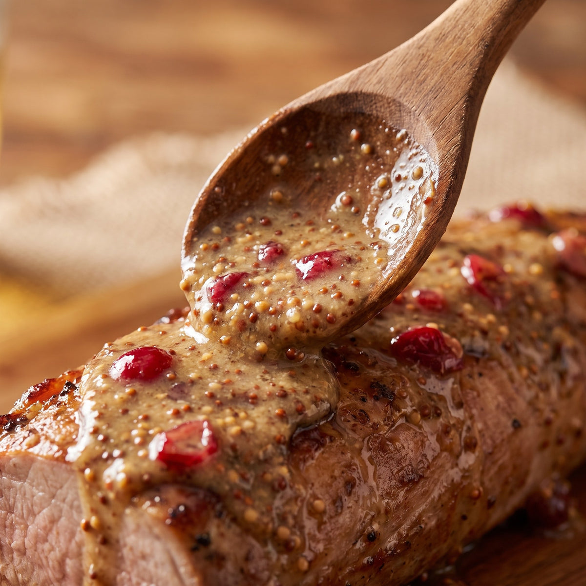 Nappe de moutarde à la canneberge aux grains entiers versée à la cuillère de bois sur un filet de porc rôti