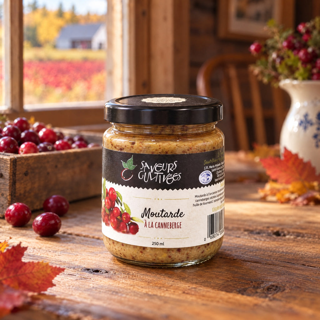 Pot de moutarde à la canneberge sur une table en bois rustique, entouré de petits fruits rouges et de feuilles d'automne