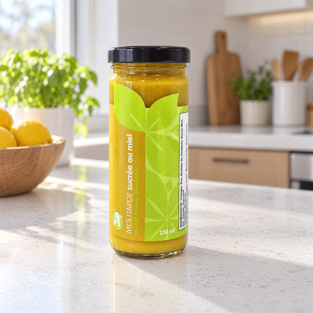 Pot de moutarde sucrée au miel posé sur un comptoir de cuisine ensoleillé avec des citrons et du basilic en arrière-plan