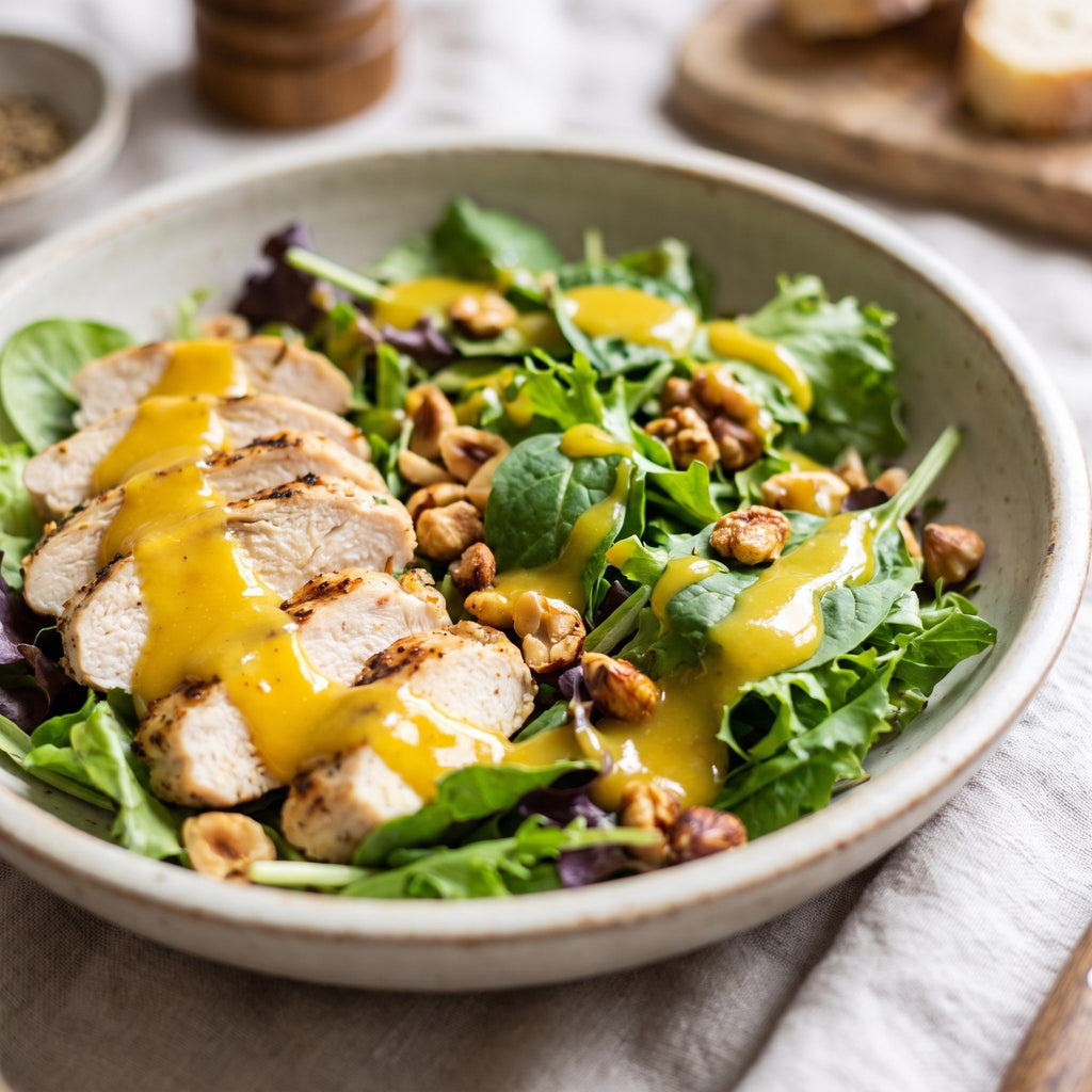 Poitrine de poulet grillée et verdure arrosées de moutarde sucrée au miel et parsemées de noisettes