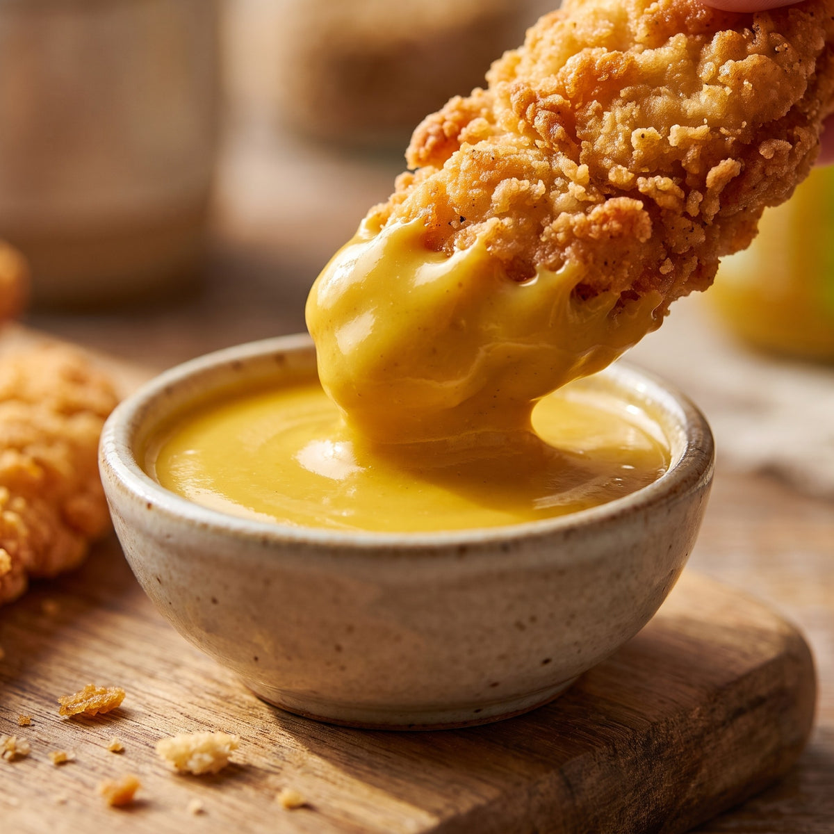 Languette de poulet croustillante trempée dans un bol de moutarde sucrée au miel sur une planche de bois