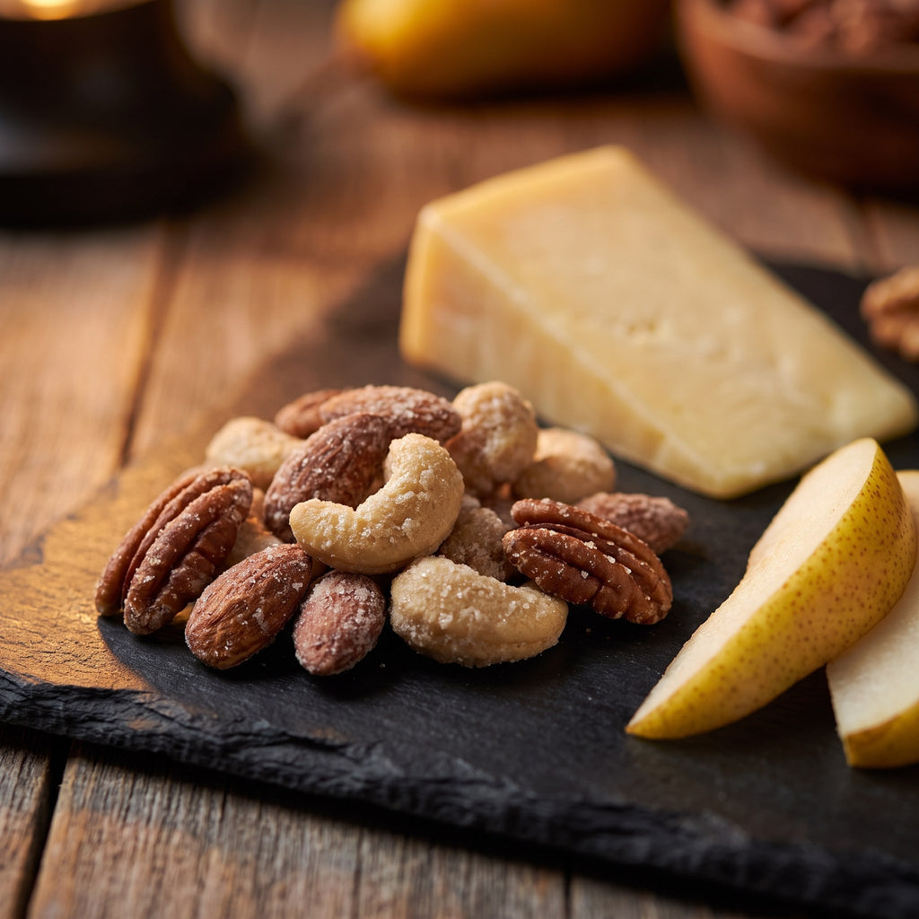 Noix au sucre d'érable croustillantes présentées sur une ardoise à côté d'un bloc de fromage et de tranches de poire