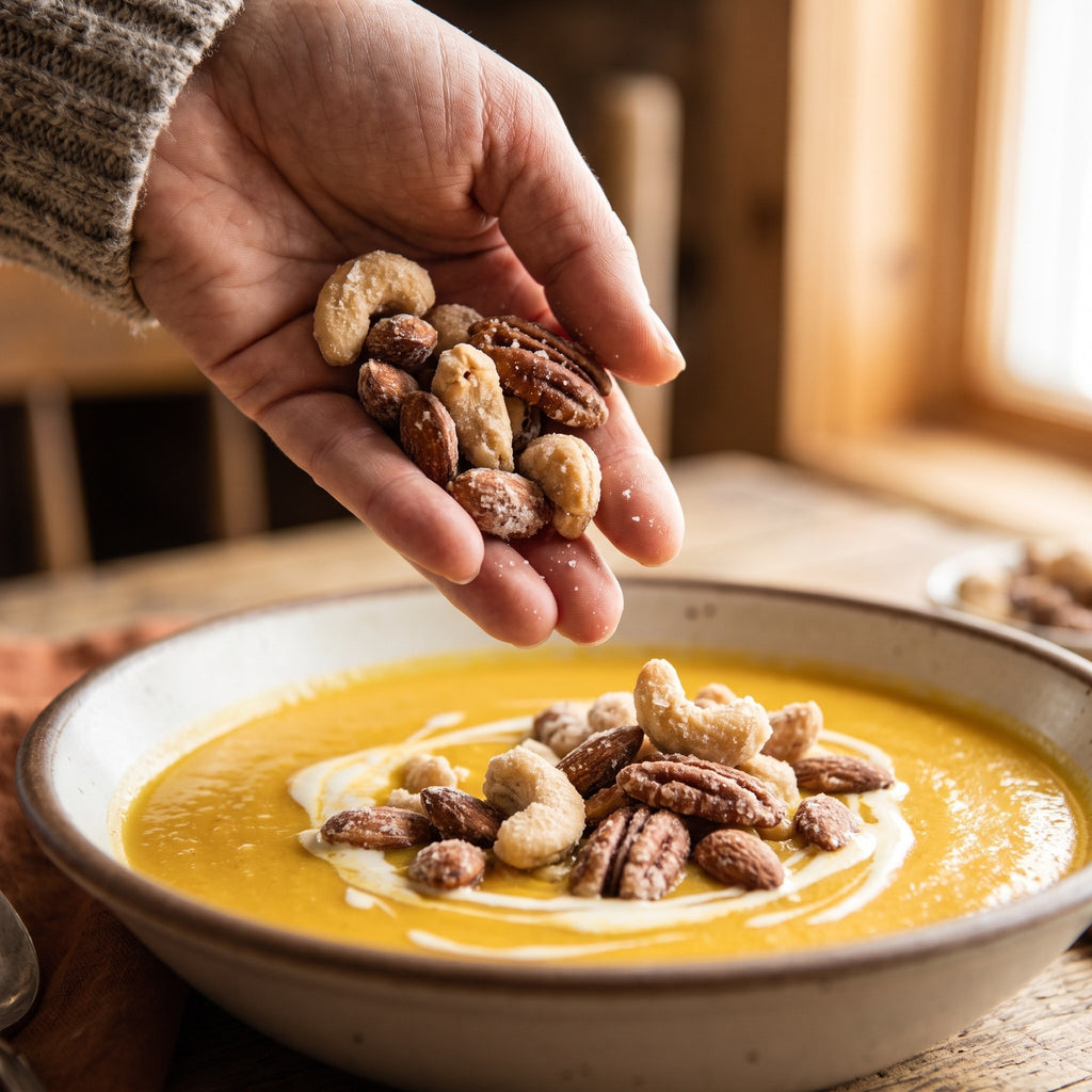 Une main dépose des noix au sucre d'érable sur un potage à la courge crémeux dans un bol en céramique