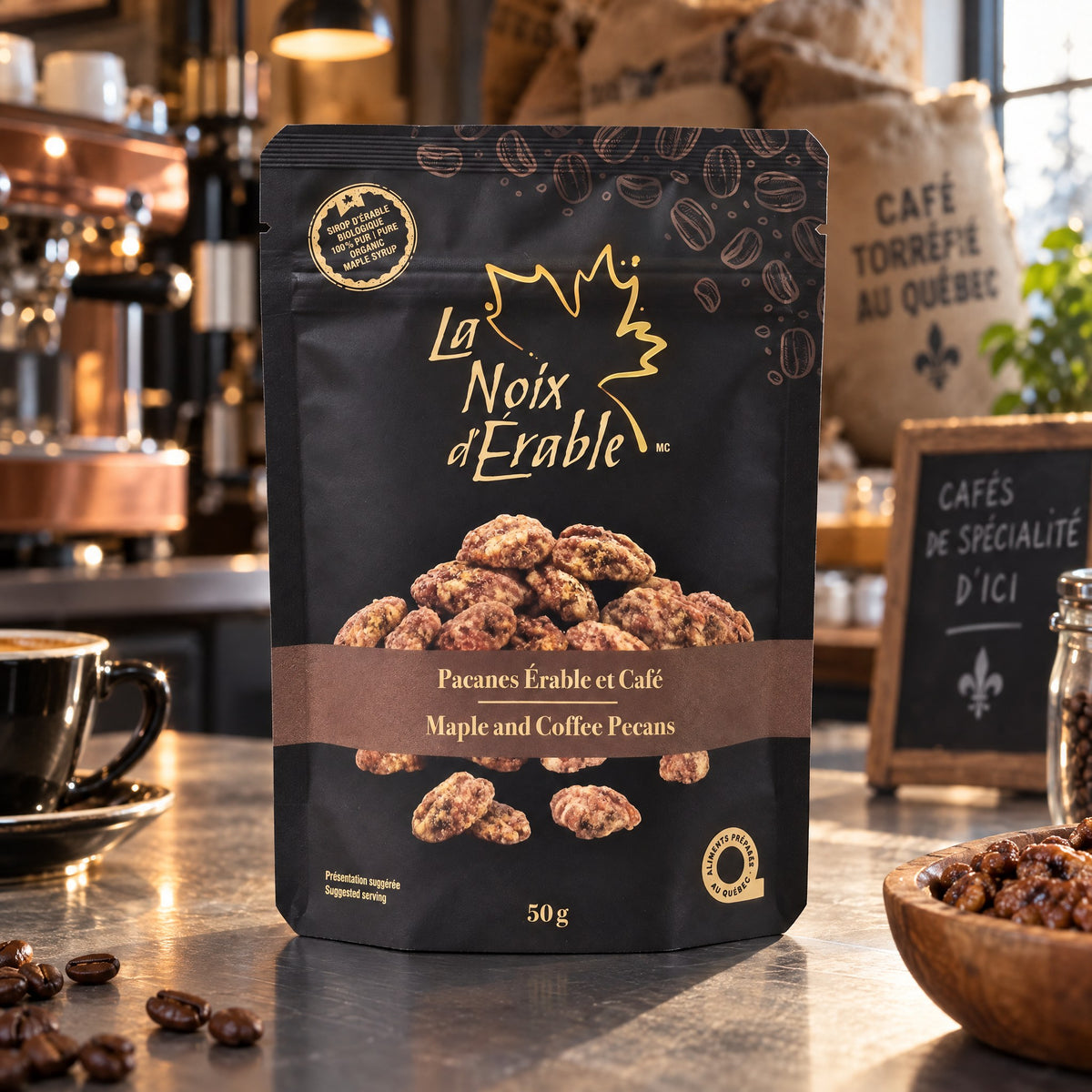 Sachet de Pacanes Érable et Café posé sur un comptoir de brûlerie avec tasse d'espresso et grains de café