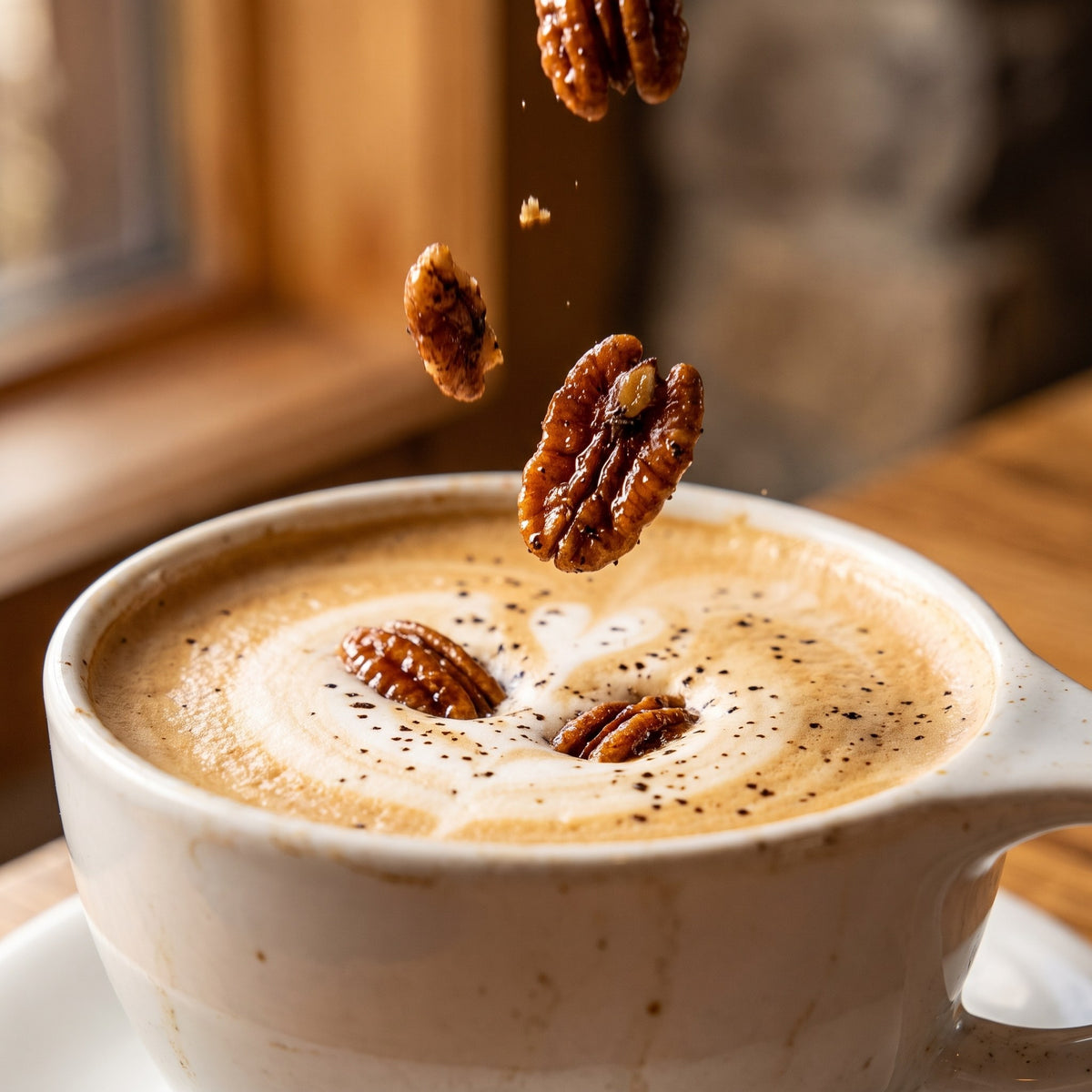 Pacanes érable et café tombant délicatement dans la mousse d'une tasse de cappuccino sur un fond boisé chaleureux