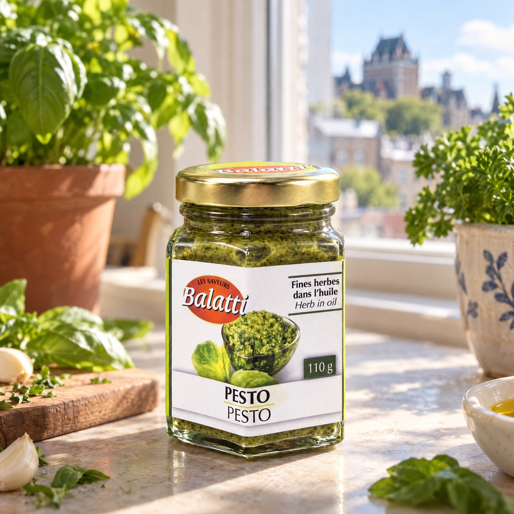 Pot de pesto Balatti sur un comptoir ensoleillé avec du basilic frais devant une fenêtre donnant sur Québec