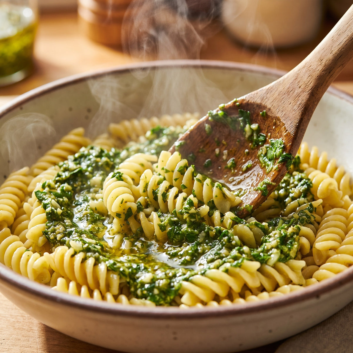 Cuillère en bois mélangeant du pesto bien vert à des pâtes fusillis fumantes dans un grand bol rustique