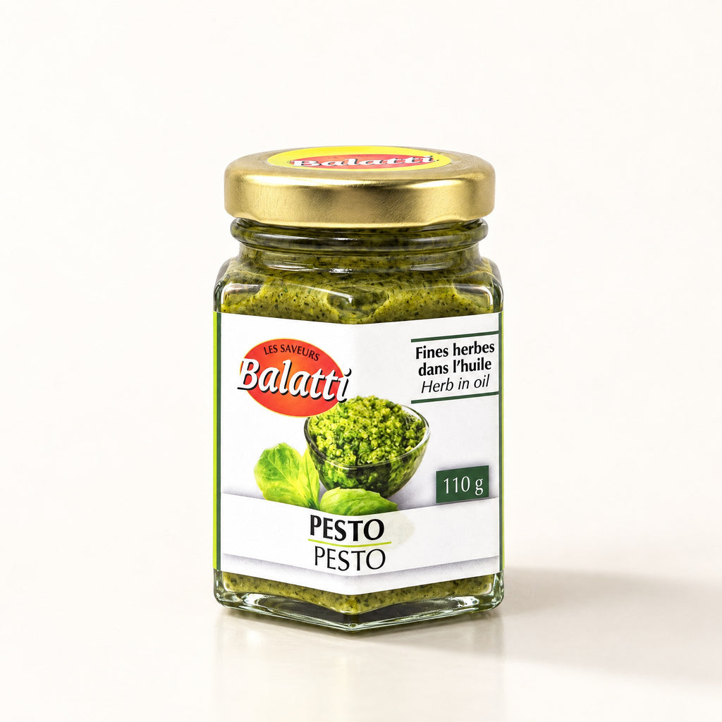 Pot en verre de pesto aux fines herbes Balatti avec son couvercle doré, présenté sur un fond crème uni