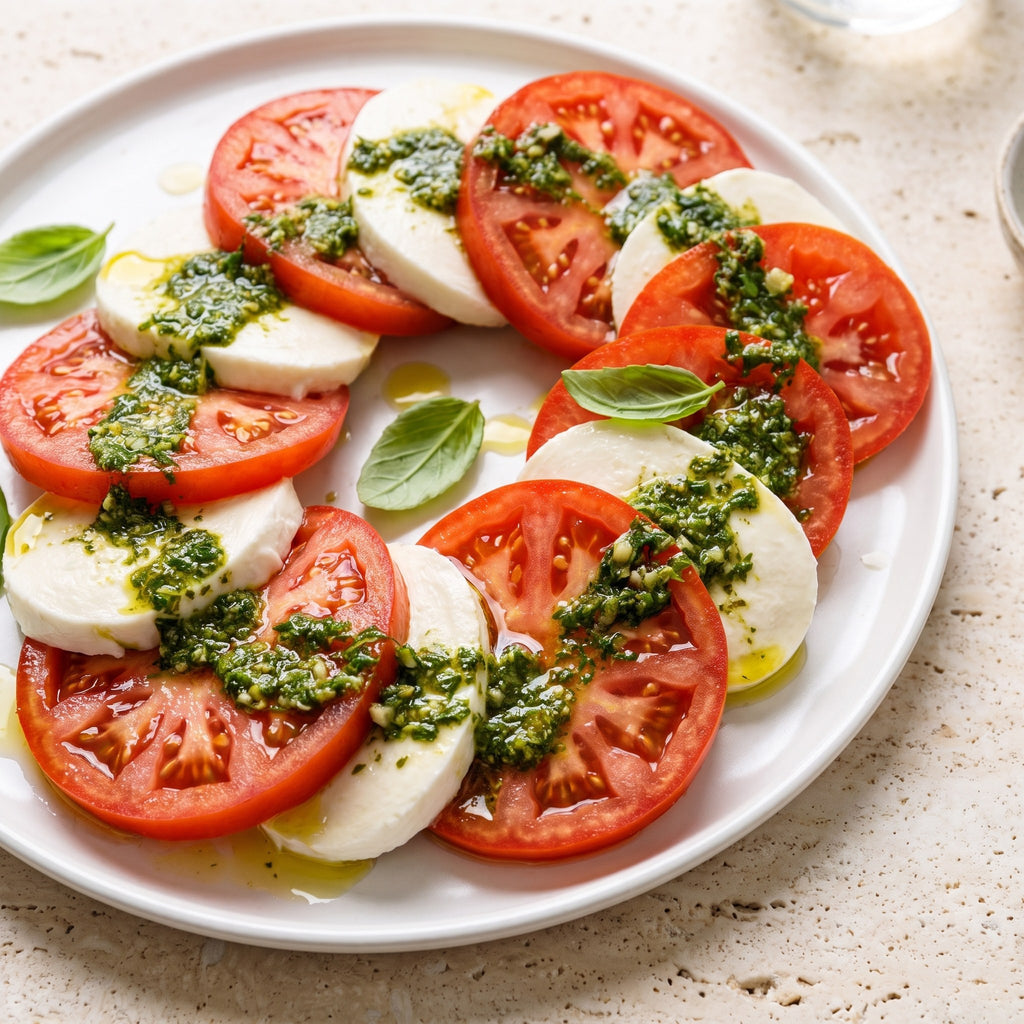 Salade de tomates et mozzarella garnie de pesto vert, servie sur une assiette blanche sur fond clair