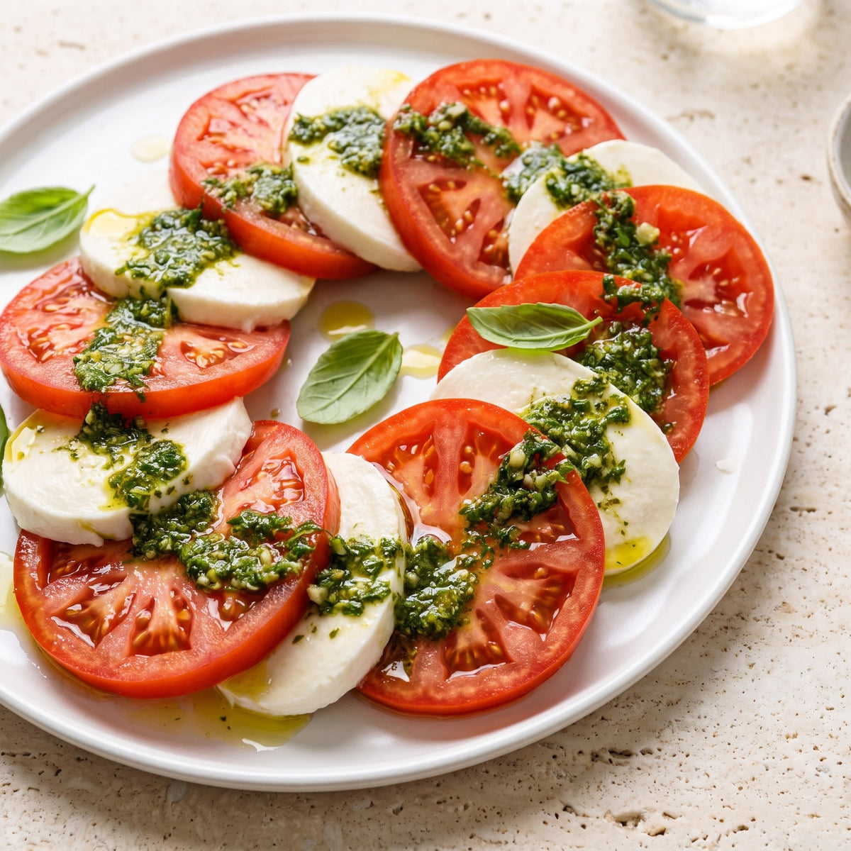 Salade de tomates et mozzarella garnie de pesto vert, servie sur une assiette blanche sur fond clair