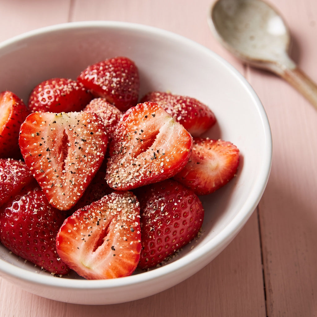 Bol de fraises coupées, parsemées de poivre à l’érable, sur une table rose avec une cuillère