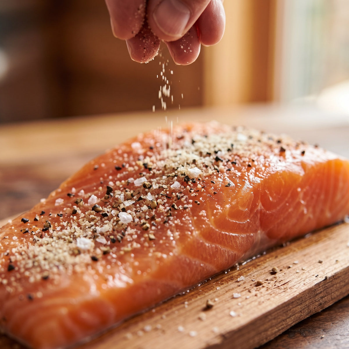 Filet de saumon cru sur planche de bois, assaisonné de poivre à l’érable qui tombe en pluie
