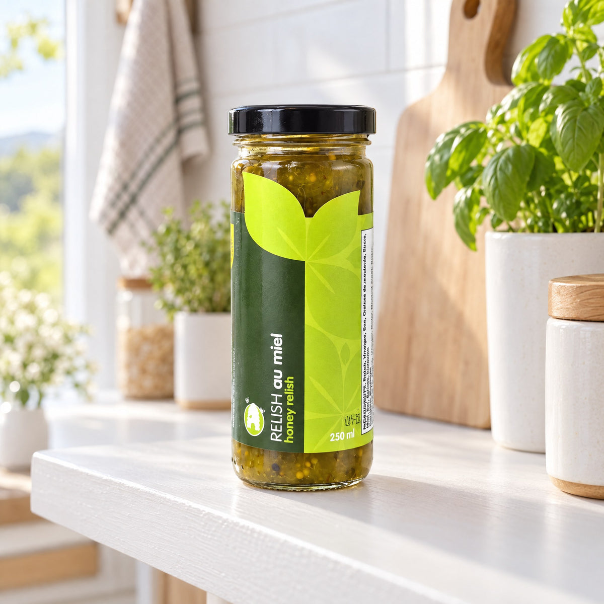 Pot de relish au miel vert et jaune posé sur un comptoir blanc, avec fines herbes et cuisine lumineuse en arrière-plan