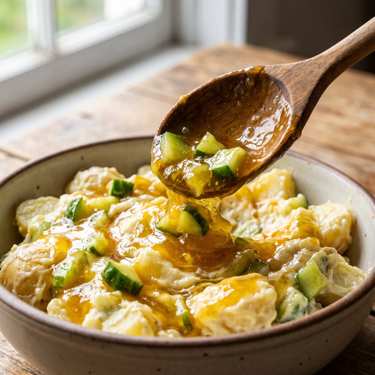 Relish au miel versée sur une salade de pommes de terre crémeuse avec morceaux de concombre, dans un bol rustique