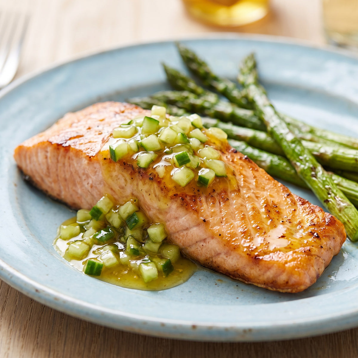 Saumon grillé nappé de relish au miel avec asperges, servi dans une assiette bleu pâle sur table en bois