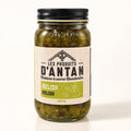 Pot de relish Les Produits d’Antan, en verre avec couvercle noir, posé seul sur fond crème