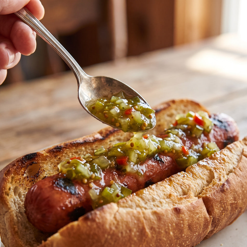 Relish verte aux piments déposée sur une saucisse grillée dans un pain croûté, sur une table de bois