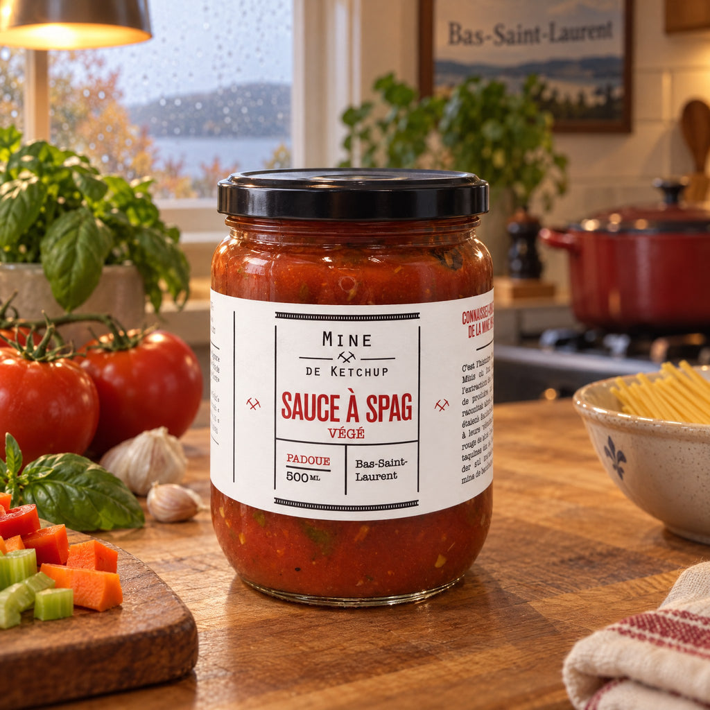 Pot de Sauce à spag Mine de ketchup sur un comptoir de cuisine, avec tomates, basilic, pâtes et légumes