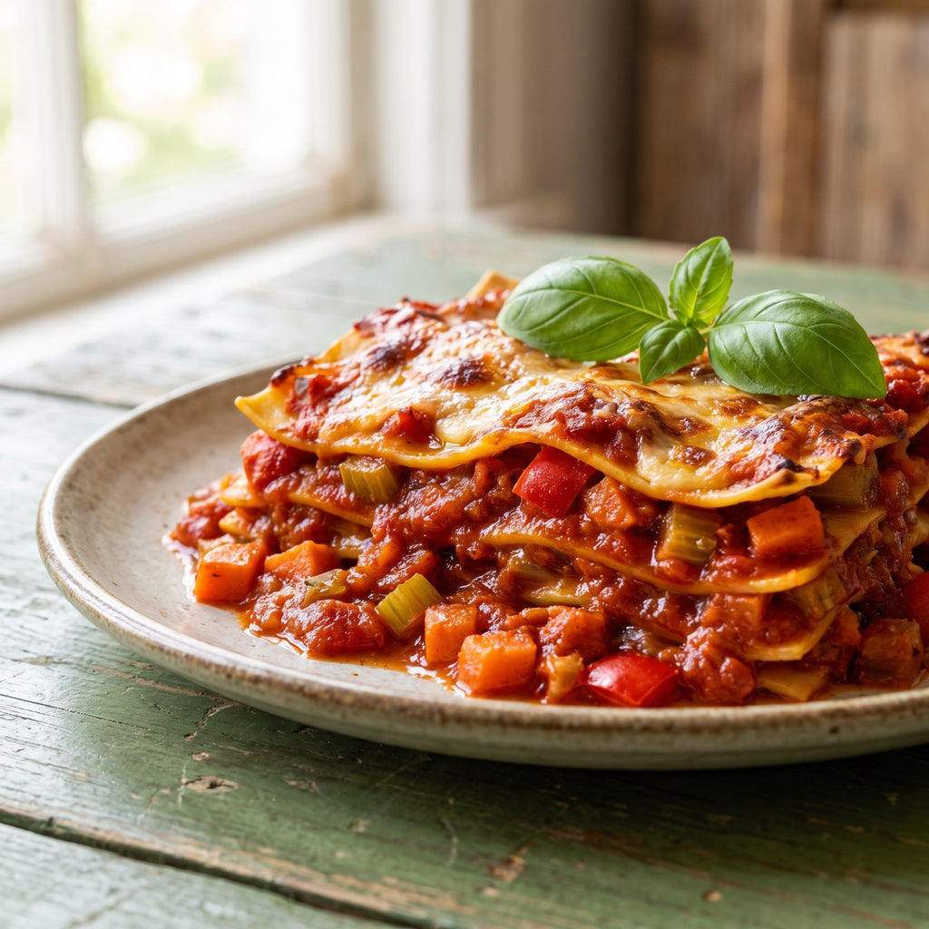 Plat de lasagne nappé de sauce à spaghettis aux légumes, garni de basilic, sur table rustique