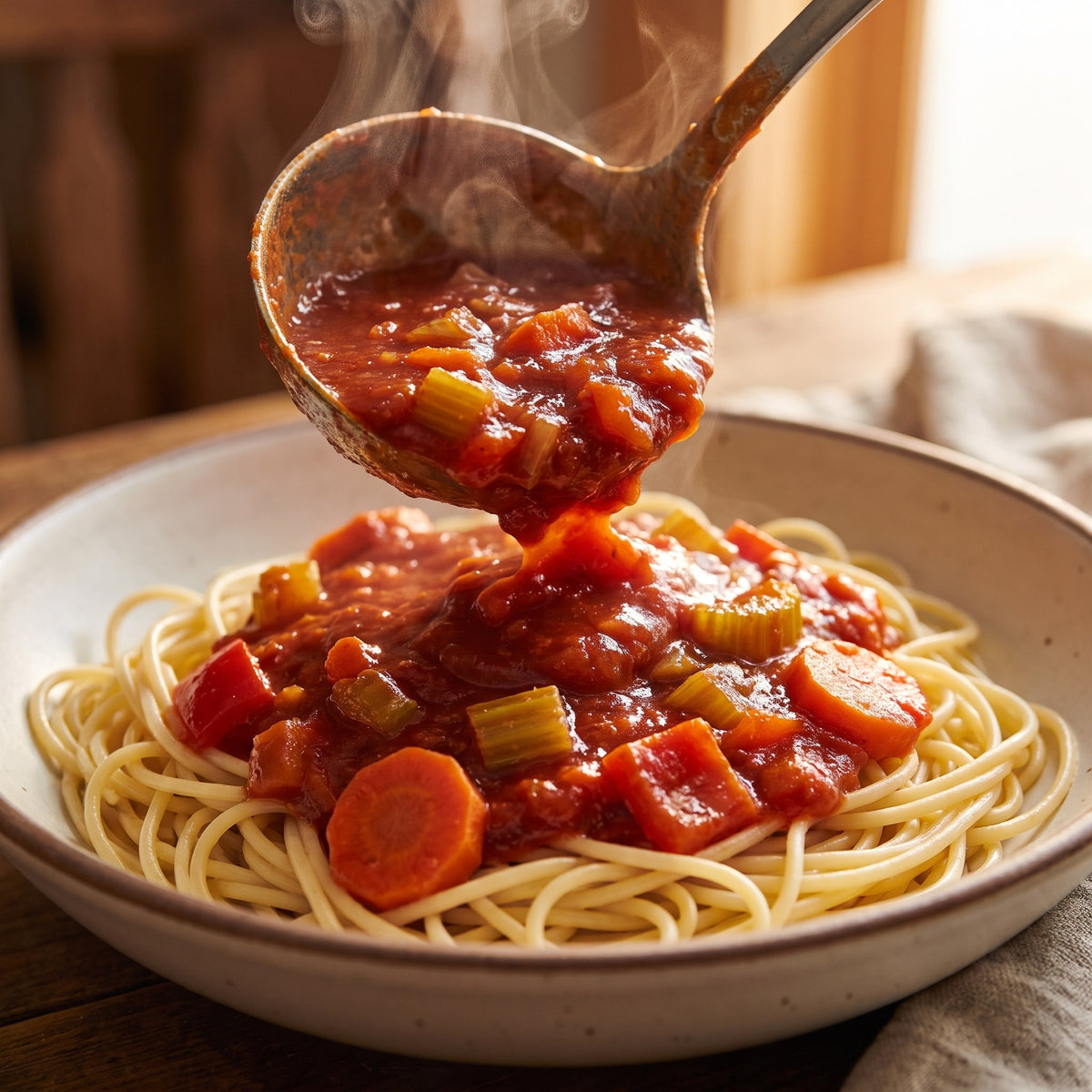 Sauce à spag fumante versée sur des spaghettis dans un bol, avec légumes et décor chaleureux
