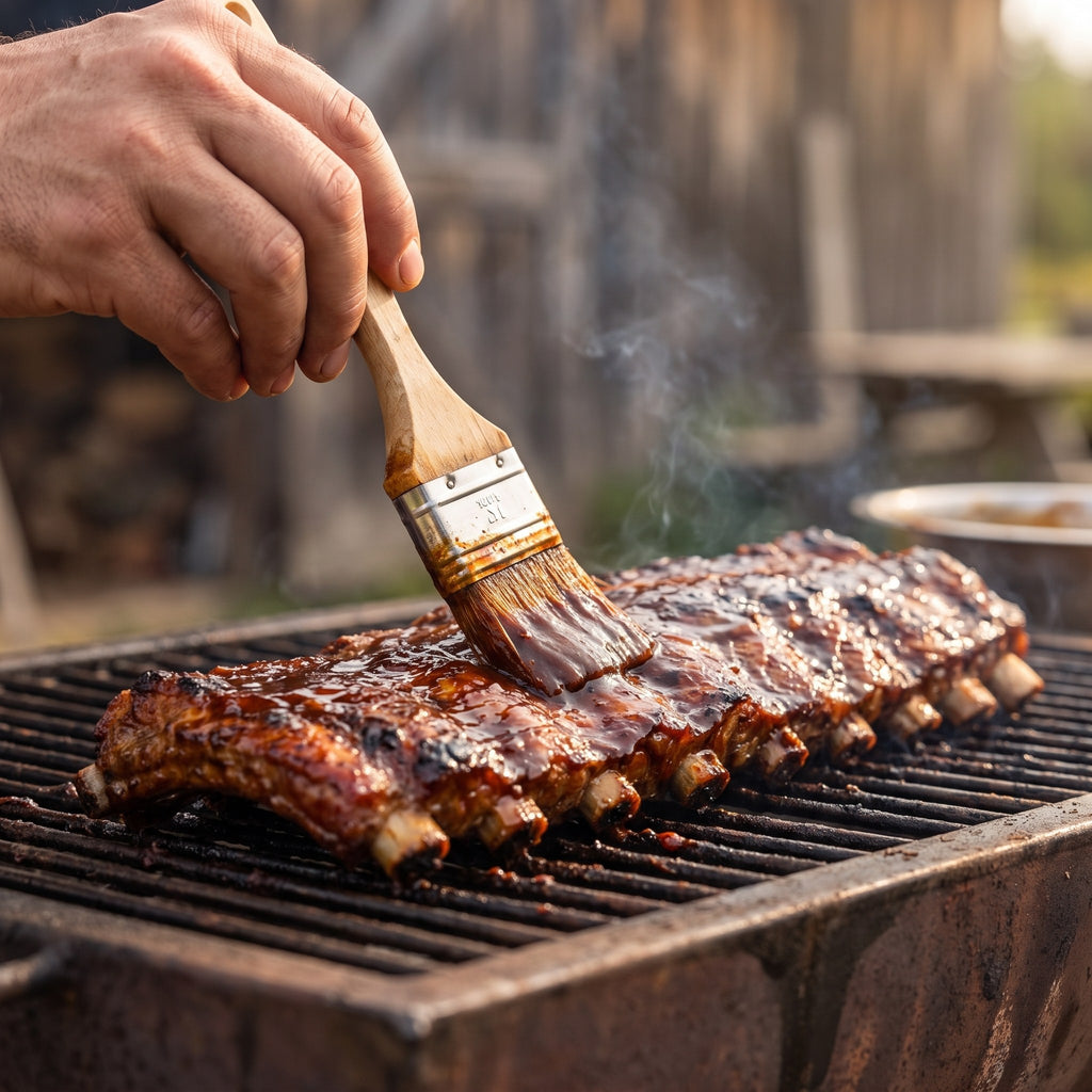 Côtes levées laquées à la sauce BBQ à l’érable sur le gril, badigeonnées au pinceau en plein cuisson