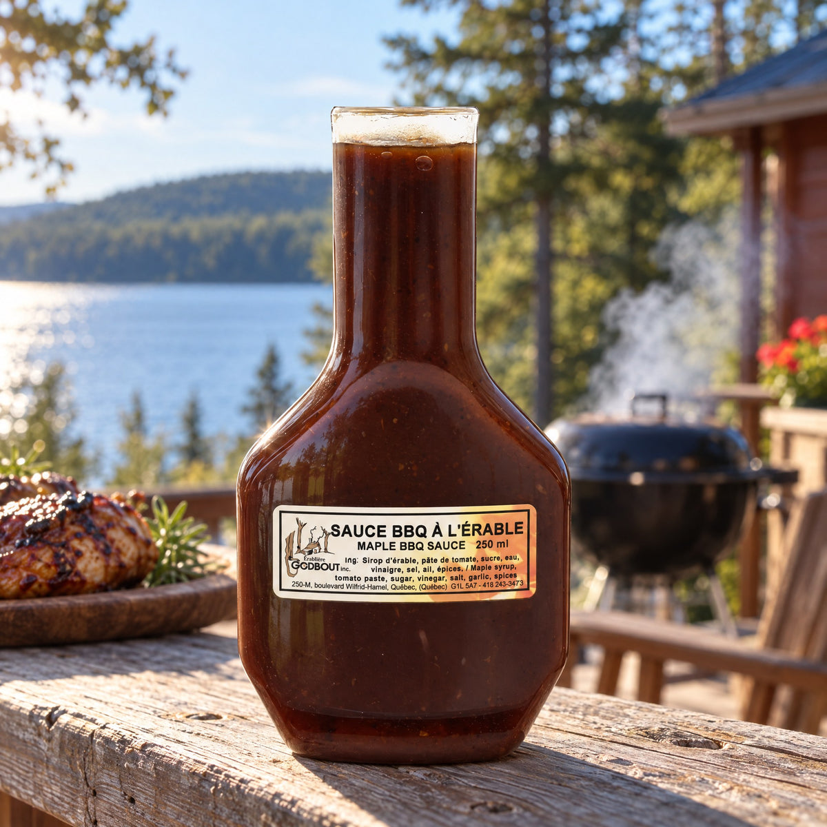 Bouteille de sauce BBQ à l’érable sur une table de bois, devant un lac et un coin barbecue au chalet