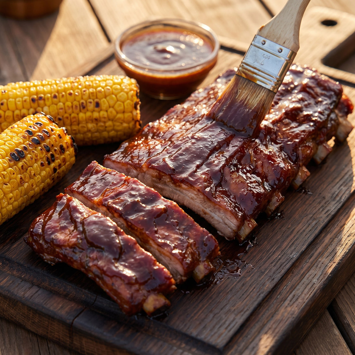 Travers de porc nappés de sauce BBQ à l’érable, servis avec épis de maïs grillés sur planche en bois