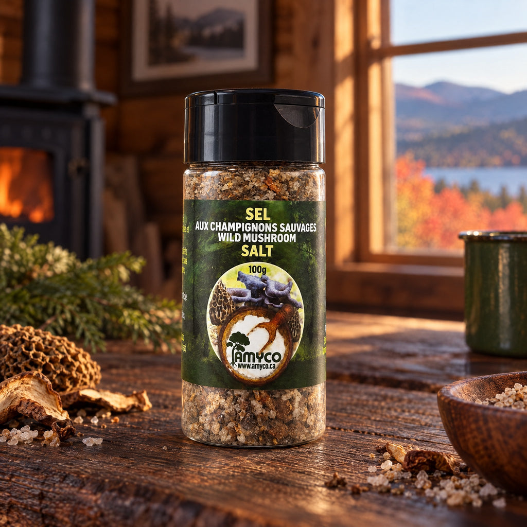 Pot de sel aux champignons sauvages posé sur une table en bois dans un chalet, près d’un poêle et d’une fenêtre sur le lac