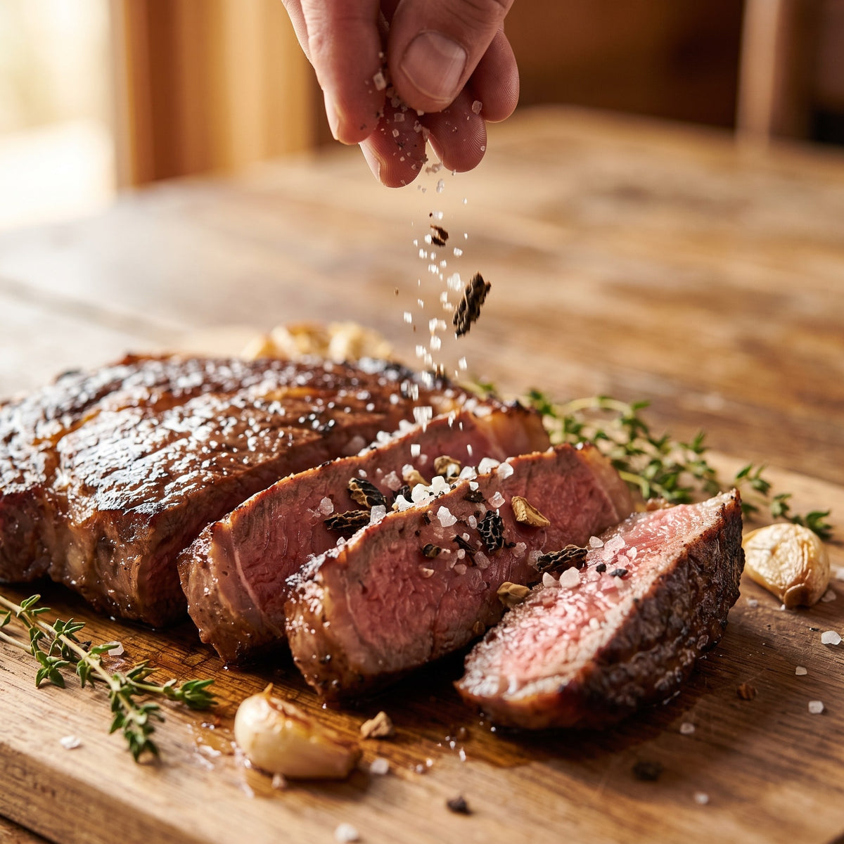 Sel aux champignons sauvages saupoudré sur un steak saignant tranché, avec herbes et ail sur planche de bois