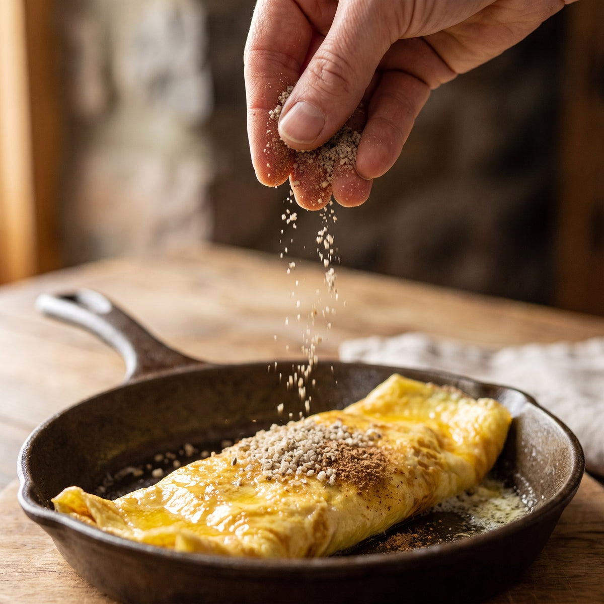 Sel du Pèlerin aux champignons saupoudré sur une omelette dorée dans une poêle en fonte sur une table de bois