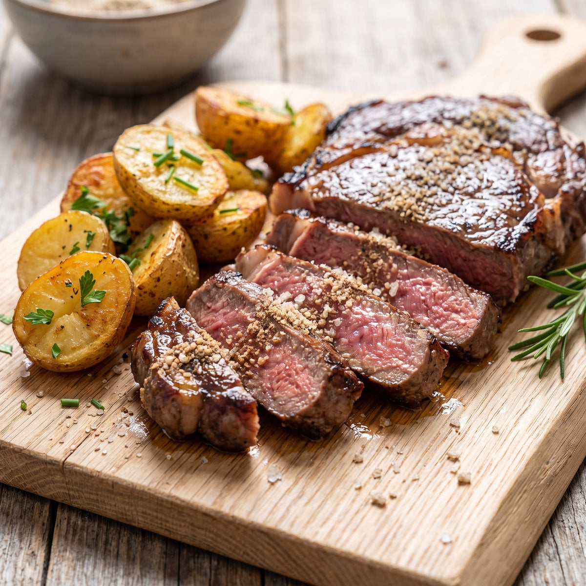 Steak tranché avec pommes de terre rôties, garni de Sel du Pèlerin aux champignons sur planche de bois