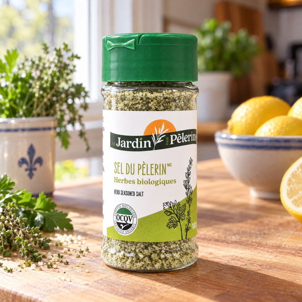 Pot de Sel du Pèlerin sur un comptoir en bois ensoleillé, entouré de fines herbes fraîches et de citrons jaunes