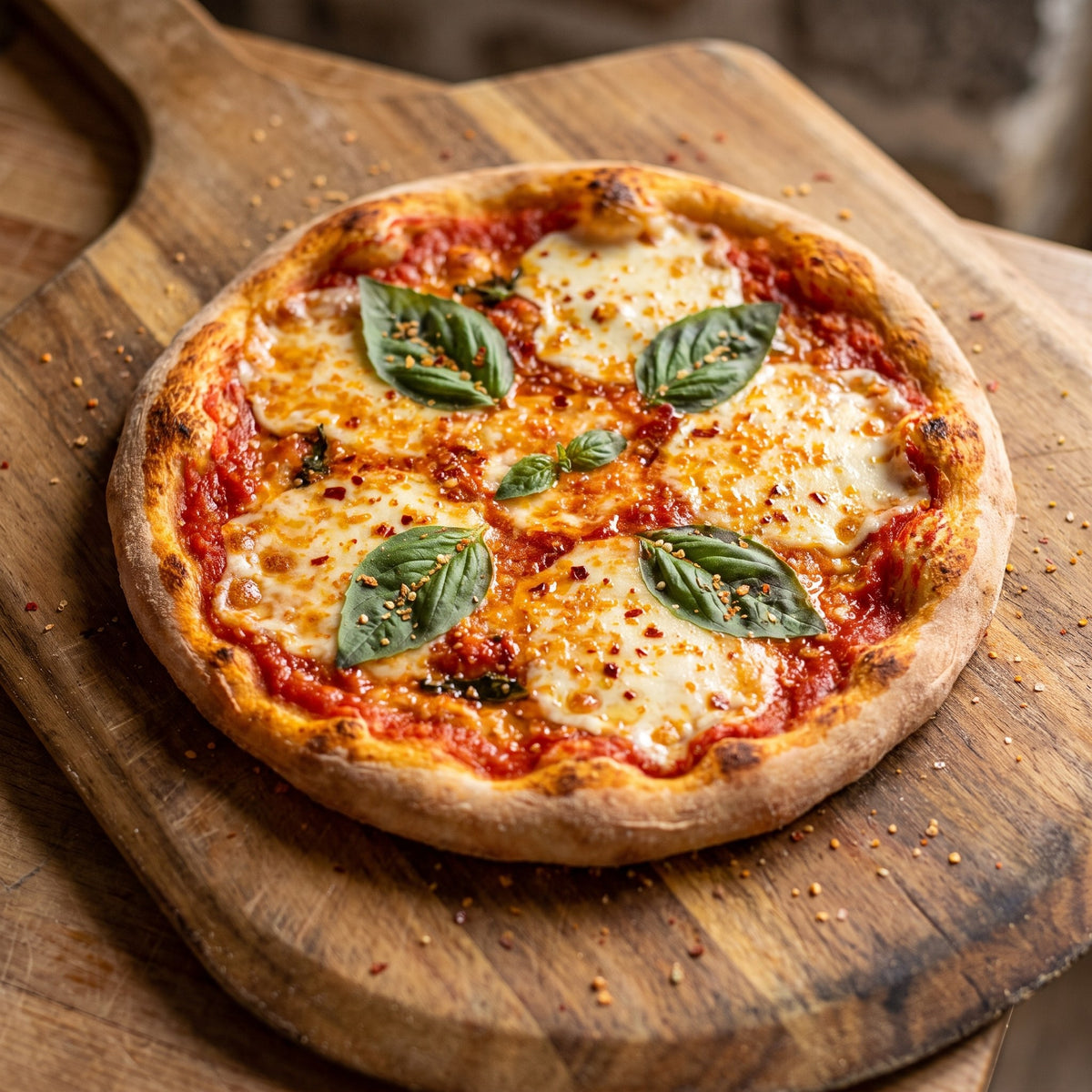 Pizza margherita sur planche de bois, garnie de basilic et d’une touche de Sel du pèlerin pimenté