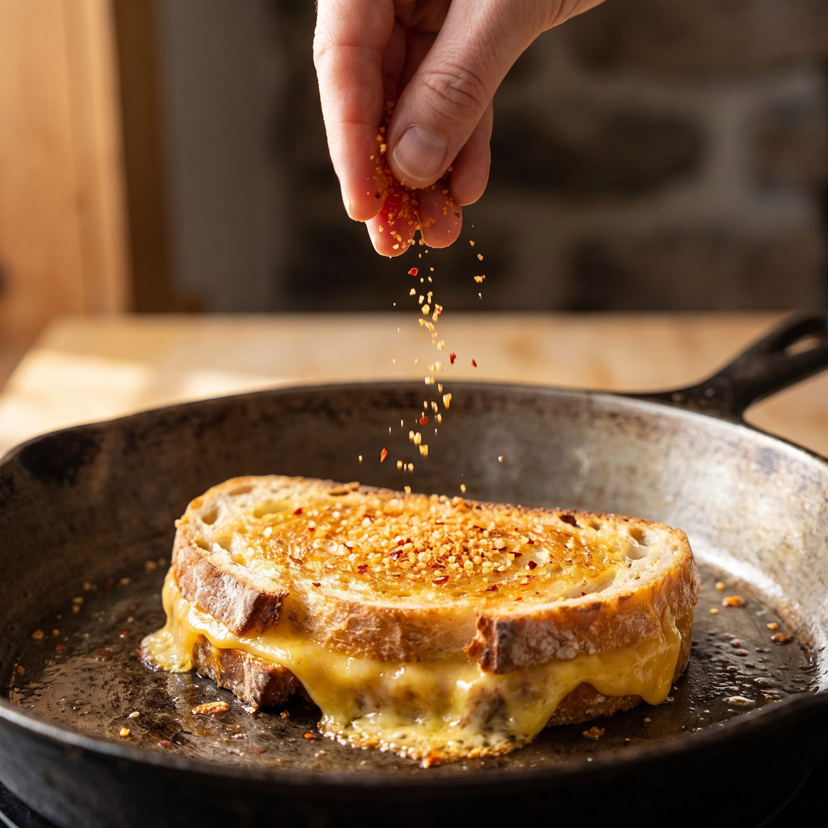 Sel du pèlerin pimenté saupoudré sur un sandwich au fromage fondu dans une poêle en fonte