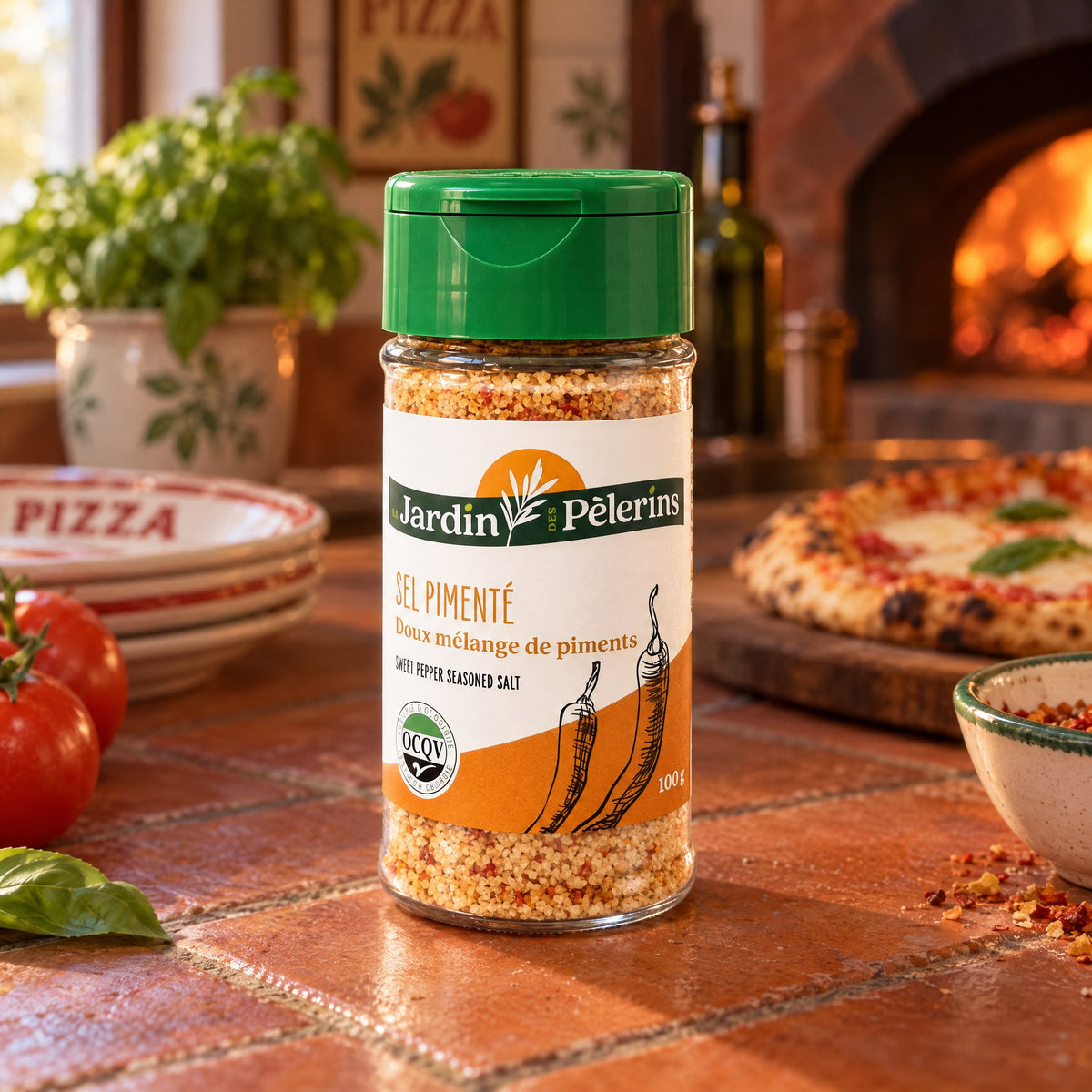 Pot de Sel du pèlerin pimenté posé sur une table en terre cuite, avec pizza au four et tomates